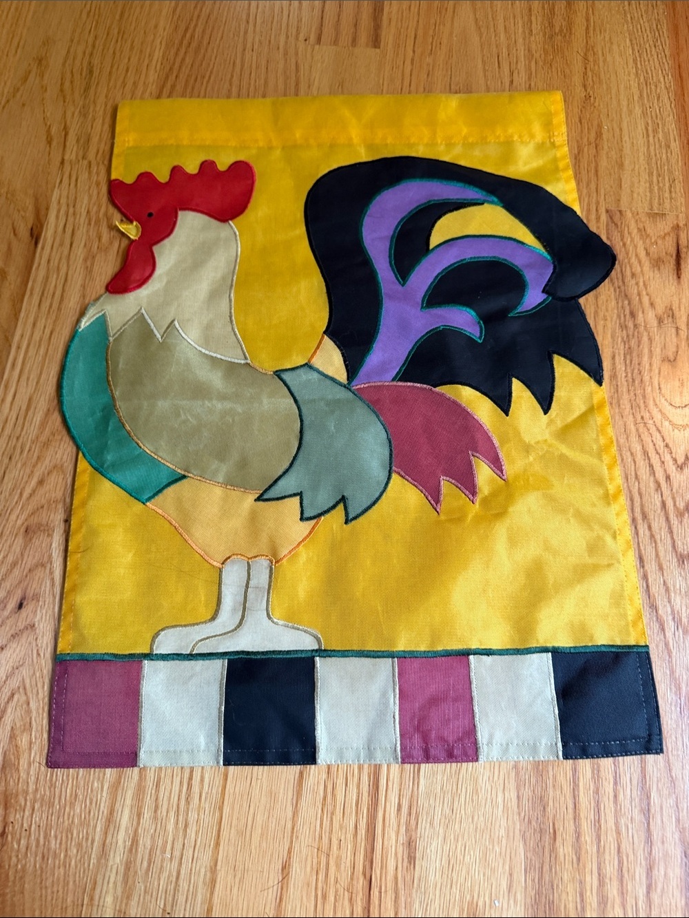 Colorful Rooster Appliqué Garden Flag - Yellow Background